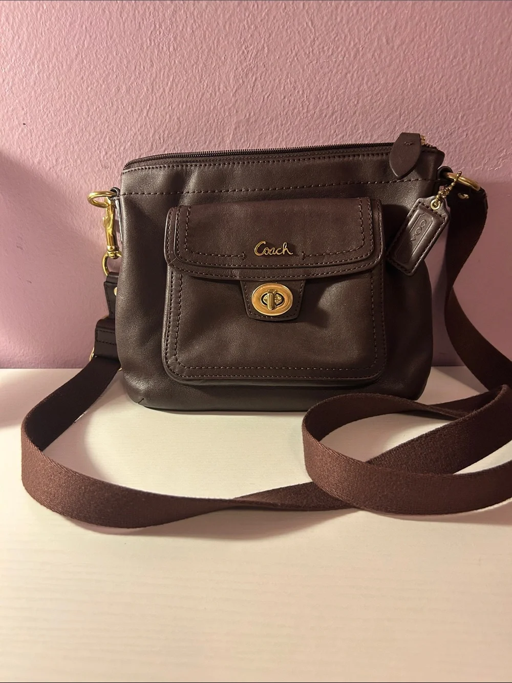 Coach Dark Brown Leather Crossbody with Turnlock Pocket
